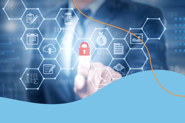 -A business professional in a suit touches a digital lock icon on a virtual screen with interconnected hexagons showing healthcare and data icons, symbolizing electronic health record (EHR) security and data protection.healthcare.