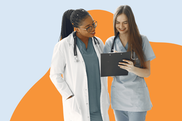 Medical team members discussing patient documentation on a clipboard, illustrating collaboration and communication in post-acute care workflows.