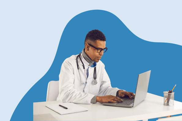 Physician using a laptop to access a long-term and post-acute care (LTPAC) EHR system, representing modern digital documentation in clinical settings.